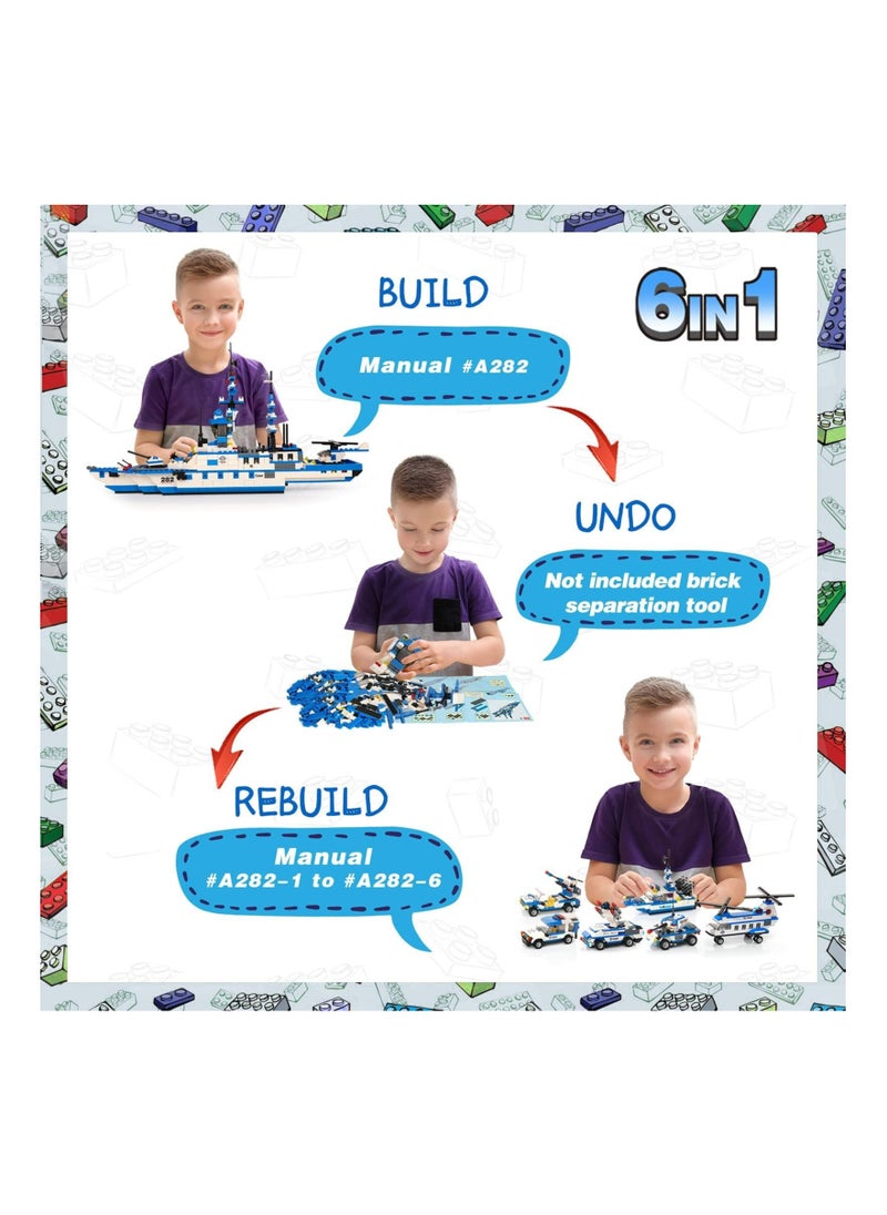 1230pcs 6-in-1 Building Toy, City Police Battleship Building Kit, with Cop Car, Patrol Boat, Helicopter, Best Learning Roleplay Stem Construction Toys, Gift for Boys and Girls 6-12  - Image 2