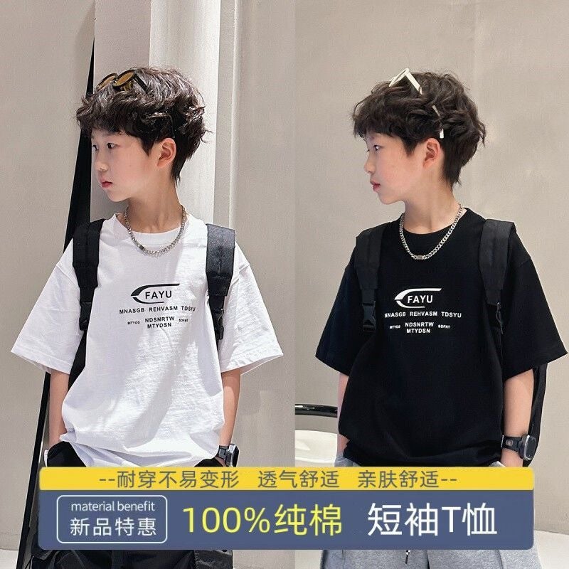Cotton Boys Short-Sleeved T-Shirt 2023 New Style Mid-Large Children'S Western Style All-Match Loose Top Trendy For Primary And Secondary School Students - Image 2
