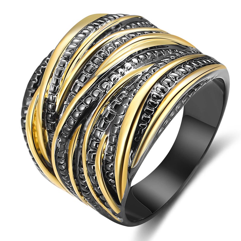Mytys 2 Tone Intertwined Crossover Statement Ring Fashion Chunky Band Rings for Women Black Gold Silver Rose Gold Plated Wide Index Finger Rings Costume Jewelry (Gold and black, 8) - Image 1
