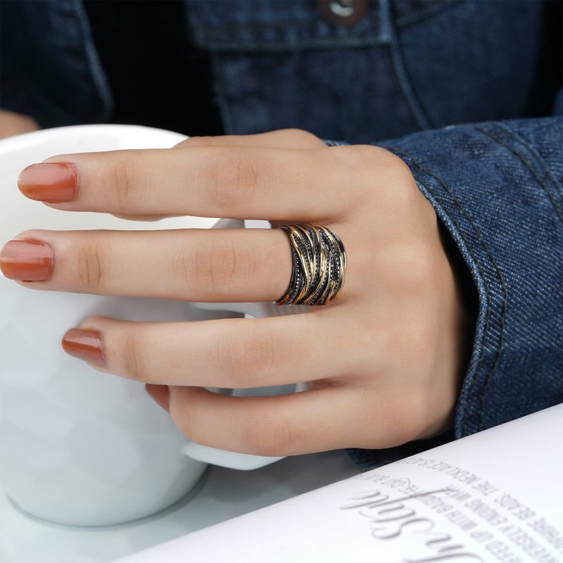Mytys 2 Tone Intertwined Crossover Statement Ring Fashion Chunky Band Rings for Women Black Gold Silver Rose Gold Plated Wide Index Finger Rings Costume Jewelry (Gold and black, 8) - Image 2