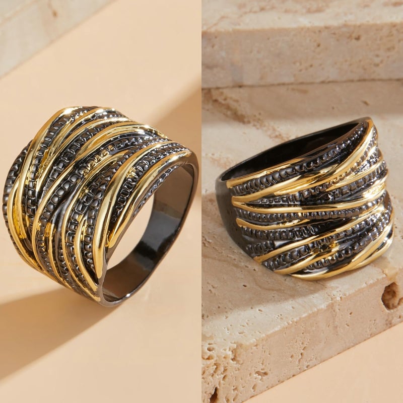 Mytys 2 Tone Intertwined Crossover Statement Ring Fashion Chunky Band Rings for Women Black Gold Silver Rose Gold Plated Wide Index Finger Rings Costume Jewelry (Gold and black, 8) - Image 5