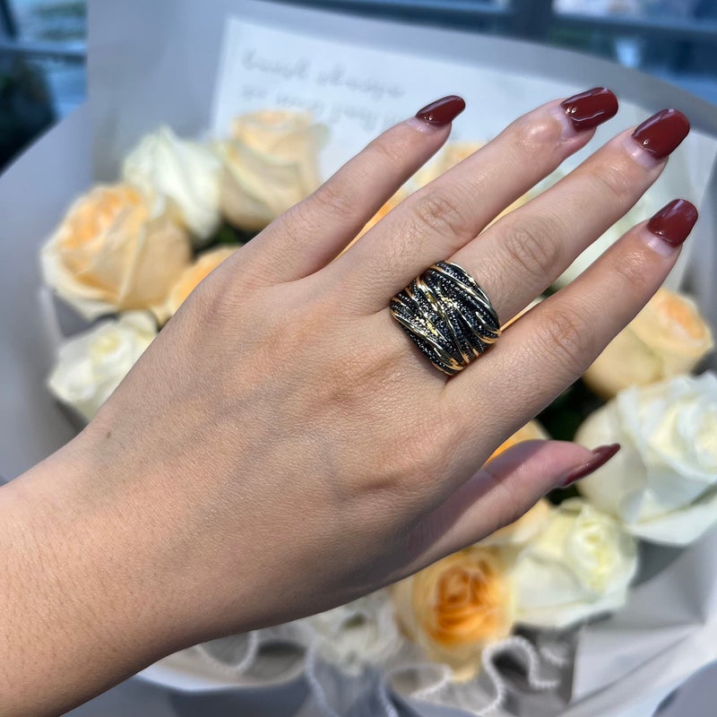 Mytys 2 Tone Intertwined Crossover Statement Ring Fashion Chunky Band Rings for Women Black Gold Silver Rose Gold Plated Wide Index Finger Rings Costume Jewelry (Gold and black, 8) - Image 4