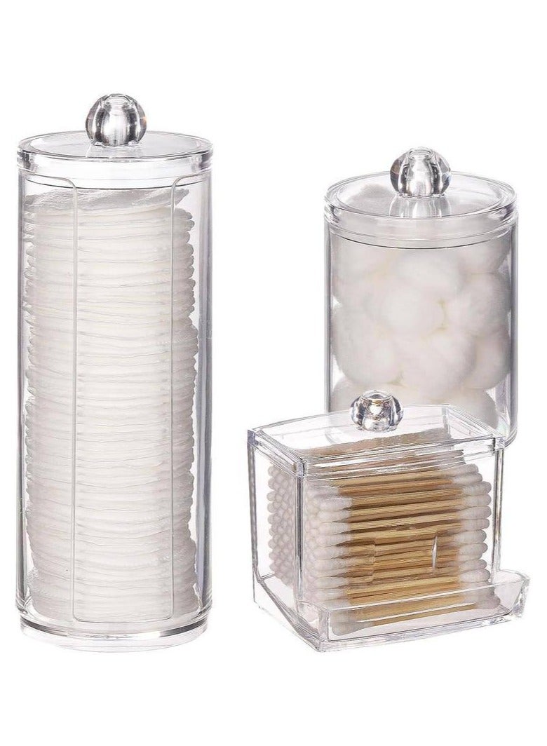 مجموعة من 3 عبوات حمام اكريليك لتخزين المكياج مع اغطية  منظم حمام لتخزين ادوات المكياج مع حامل وسادات قطنية وحامل سدادات قطنية وحامل صوف وقطن - Image 1