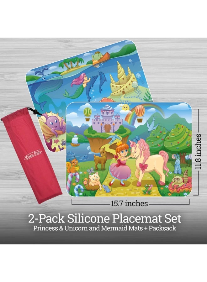 Klean Kids Klean Kids [2 Pack] Silicone Placemats for Toddlers (Mermaid and Princess) - Non Slip 2-Pack with Travel Bag - Princess & Mermaid - Baby Placemats That Stick to Table for Baby - Image 4
