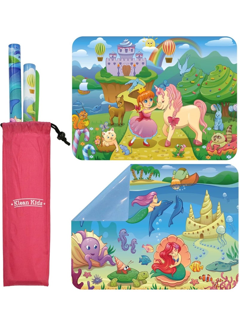 Klean Kids Klean Kids [2 Pack] Silicone Placemats for Toddlers (Mermaid and Princess) - Non Slip 2-Pack with Travel Bag - Princess & Mermaid - Baby Placemats That Stick to Table for Baby - Image 1