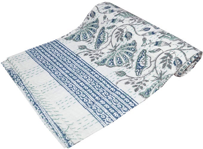 INDIAN HANDMADE KANTHA QUILT BEAUTIFUL FLORAL PRINT BED COVER THROW TWIN COTTON BLANKET GUDARI WHITE