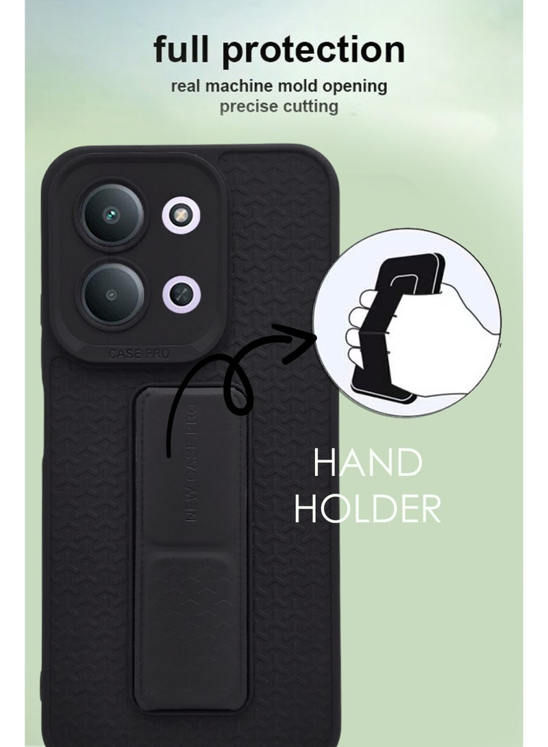 Xiaomi Redmi 15C - Black Semi Soft Self Designed Magnetic Back Stand Case  With Foldable Kickstand & Finger Strap - Image 4