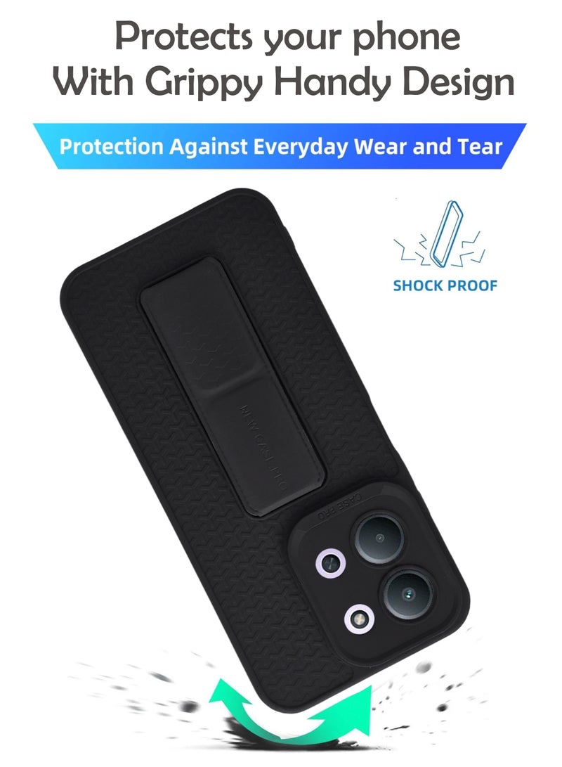 Xiaomi Redmi 15C - Black Semi Soft Self Designed Magnetic Back Stand Case  With Foldable Kickstand & Finger Strap - Image 3