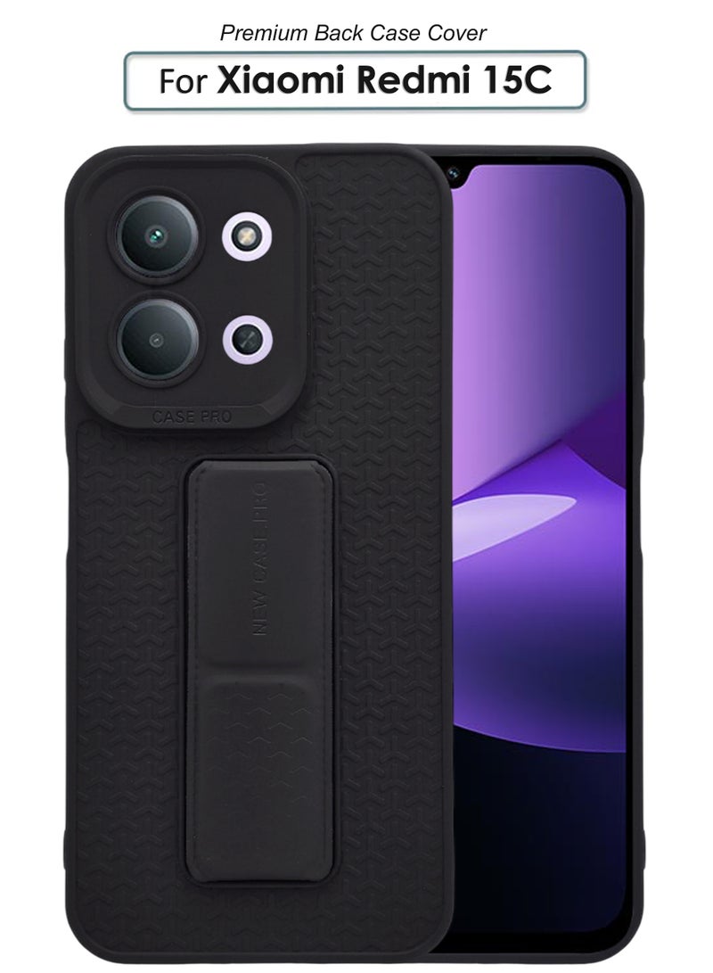 Xiaomi Redmi 15C - Black Semi Soft Self Designed Magnetic Back Stand Case  With Foldable Kickstand & Finger Strap - Image 1