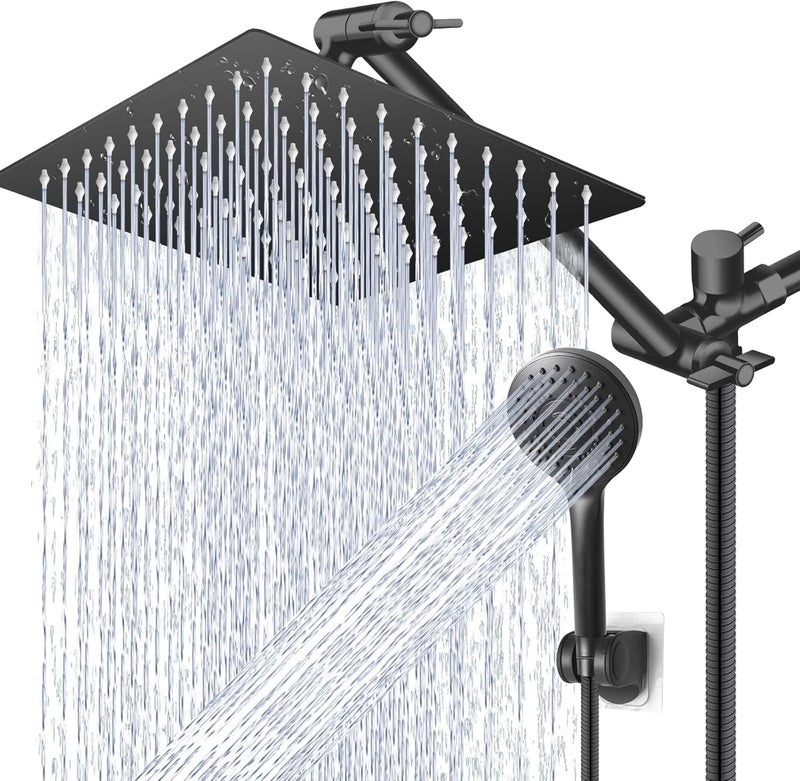 PinWin High/Low Pressure Water Rain Shower Head with 11 Inch Adjustable Extension Arm and 5 Settings Handheld Shower Head Combo,Powerful Shower Spray - Matte Black, 12 Inch - Image 1