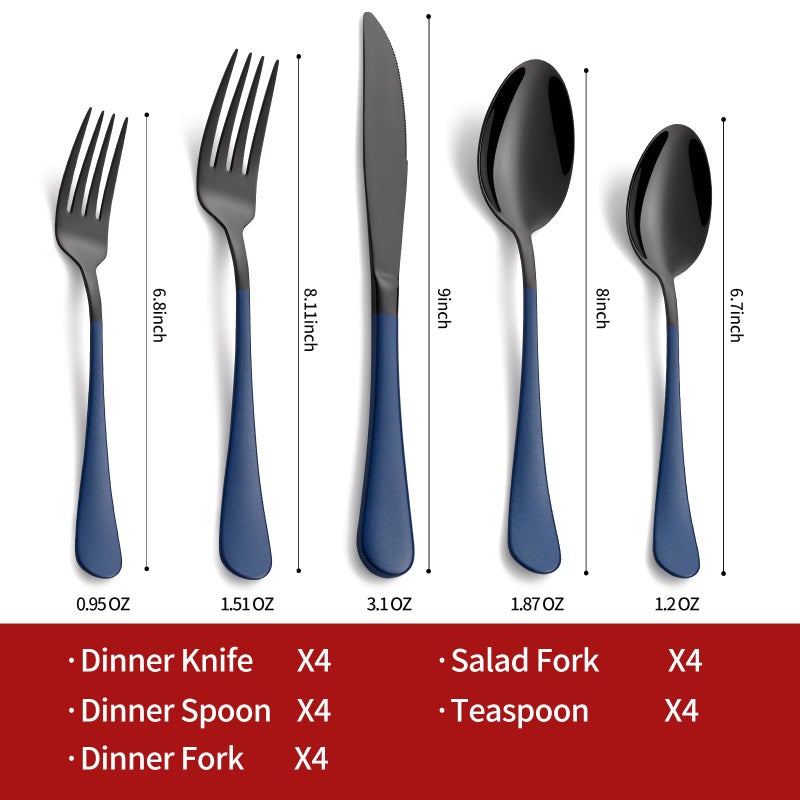 Onlycooker 20-Piece Black Silverware Set 18/0 Stainless Steel Flatware Sapphire Blue Handle Cutlery Set Service for 4 Dinner Knives Forks Spoons Set Mirror Finish Dishwasher Safe - Image 2