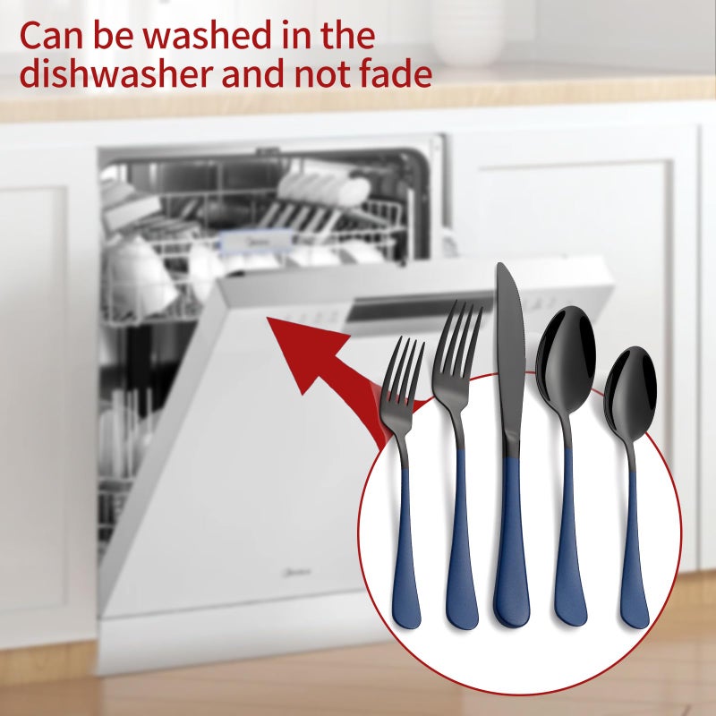 Onlycooker 20-Piece Black Silverware Set 18/0 Stainless Steel Flatware Sapphire Blue Handle Cutlery Set Service for 4 Dinner Knives Forks Spoons Set Mirror Finish Dishwasher Safe - Image 5