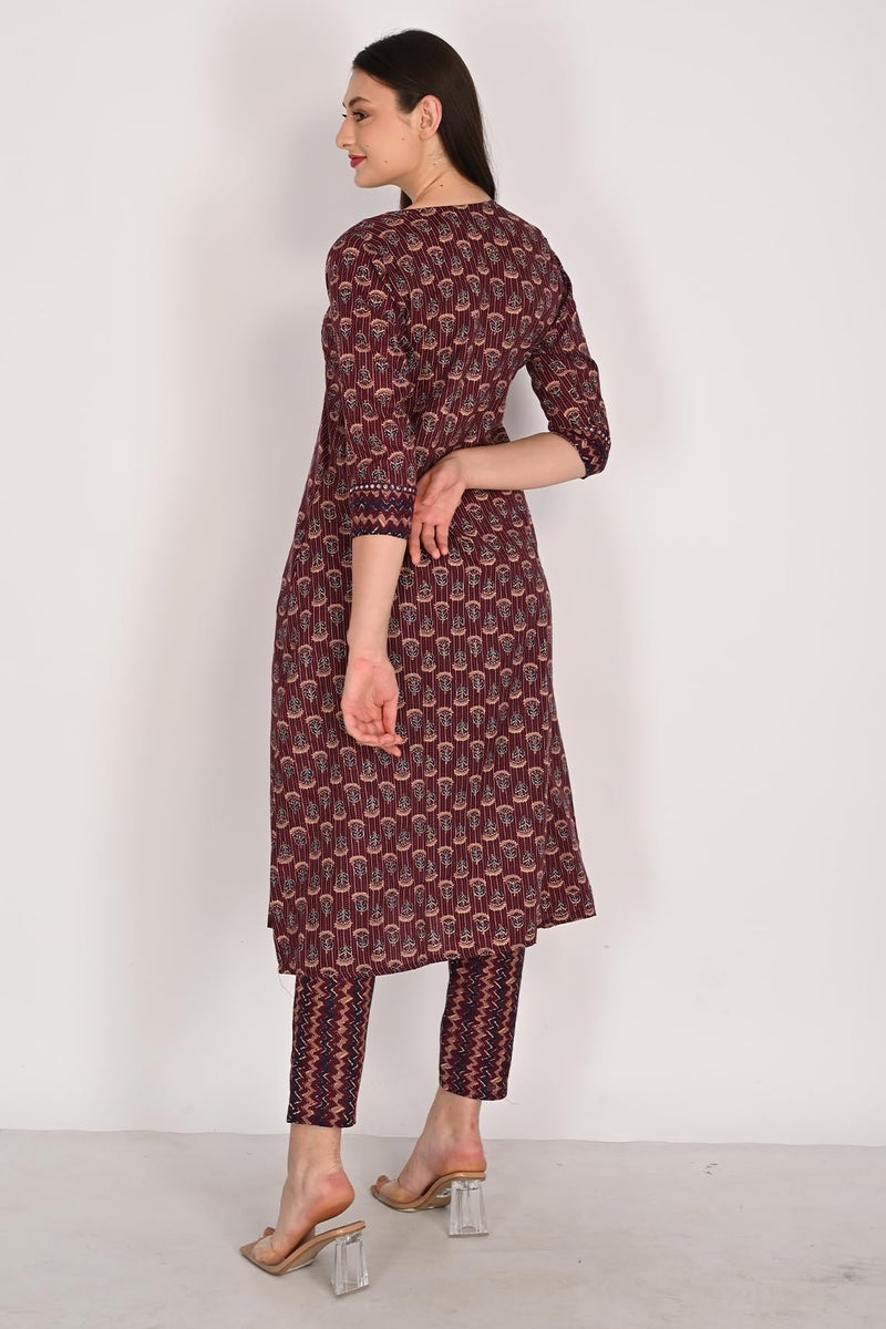 Rajnandini Women's Cotton Blend Jaipuri Printed Kurta & Pant with Dupatta (JOPLST218R-6XL_Wine & Beige_6XL) - Image 2