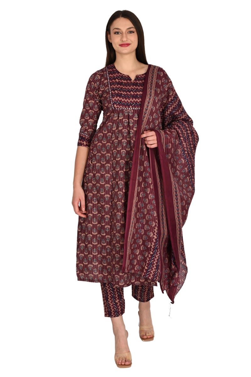 Rajnandini Women's Cotton Blend Jaipuri Printed Kurta & Pant with Dupatta (JOPLST218R-6XL_Wine & Beige_6XL) - Image 1
