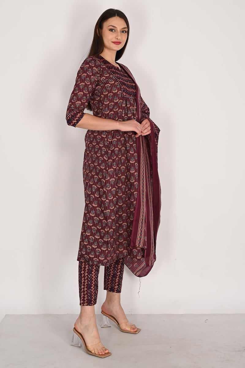 Rajnandini Women's Cotton Blend Jaipuri Printed Kurta & Pant with Dupatta (JOPLST218R-6XL_Wine & Beige_6XL) - Image 5