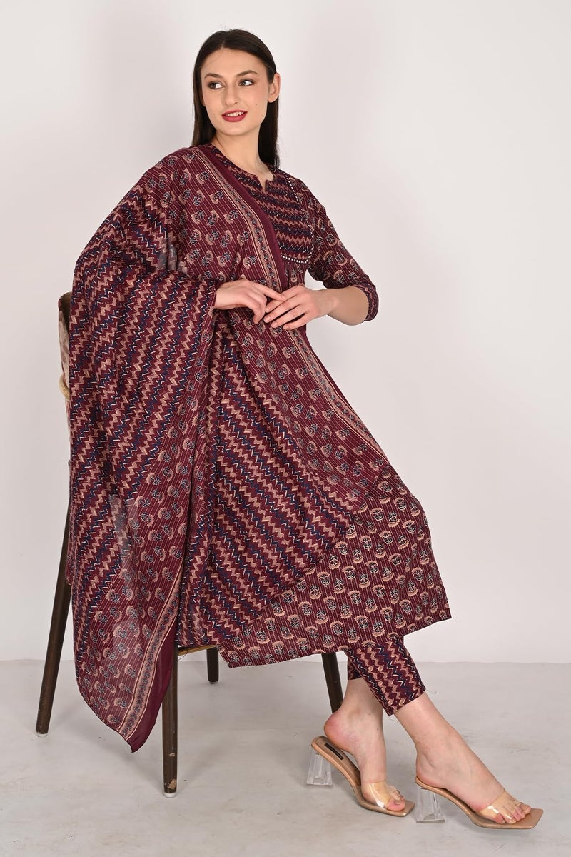 Rajnandini Women's Cotton Blend Jaipuri Printed Kurta & Pant with Dupatta (JOPLST218R-6XL_Wine & Beige_6XL) - Image 4