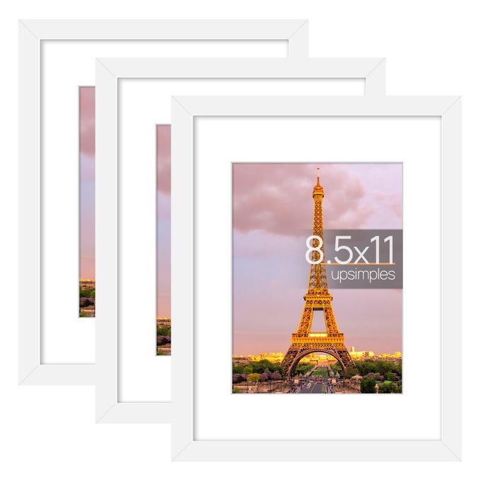 85X11 PICTURE FRAME SET OF 3 MADE OF HIGH DEFINITION GLASS FOR 6X8 WITH MAT OR 85X11 WITHOUT MAT WALL MOUNTING PHOTO FRAMES WHITE