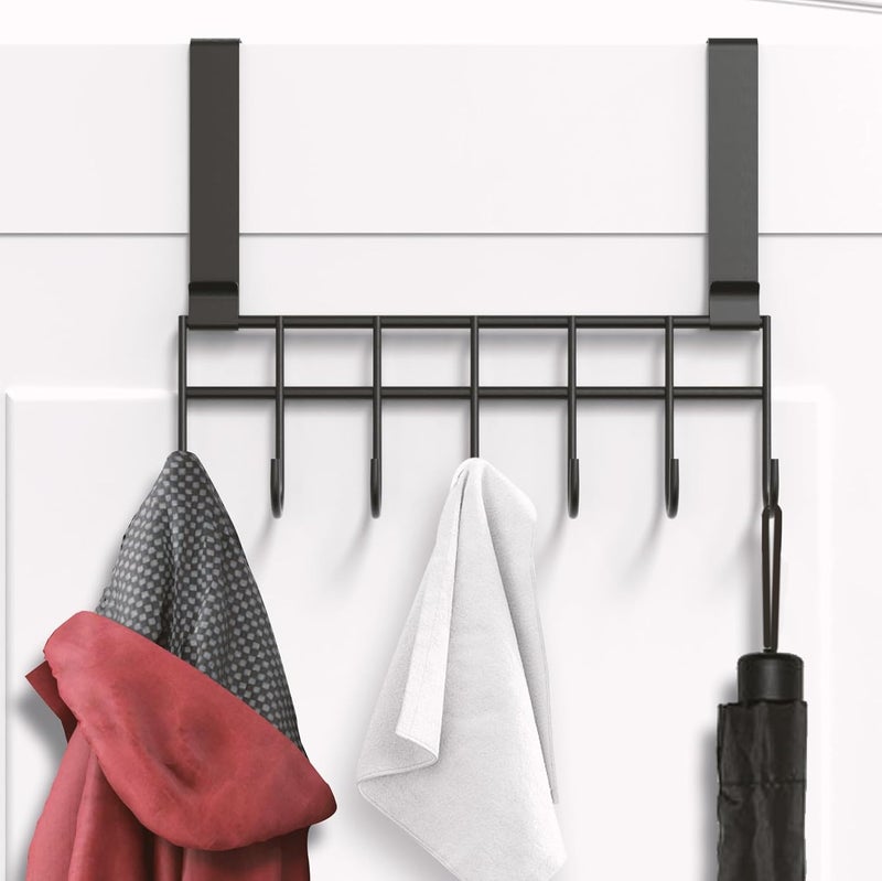 Appucoco Over The Door Hook Hanger Hanging Organizer Rack Steel Door Hook Hanger Wall Hook Rack 7 Hooks Black - Image 1