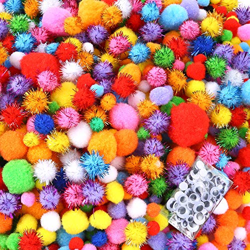 Caydo 2000 Pieces Assorted Sizes Multicolor Pompoms Glitter Pom Poms with 4 Sizes Wiggle Eyes for Hobby DIY Art Craft Supplies - Image 1
