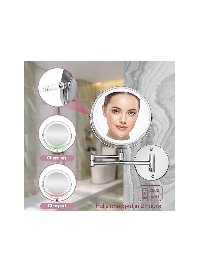 Wall Mounted Mirror with 1X/10X Magnification, LED Magnifying Mirror with 3 Colors Dimmable Lights, Touch Screen, Extension Foldable Arm, Shaving Mirror for Bathrooms and Hotels (Silver)