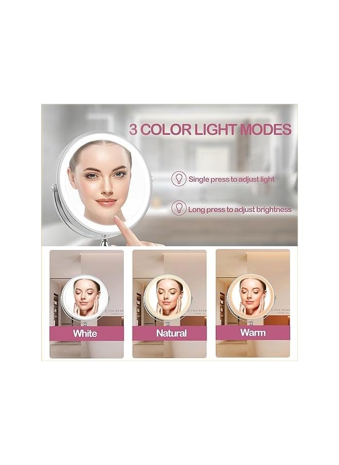 Wall Mounted Mirror with 1X/10X Magnification, LED Magnifying Mirror with 3 Colors Dimmable Lights, Touch Screen, Extension Foldable Arm, Shaving Mirror for Bathrooms and Hotels (Silver)