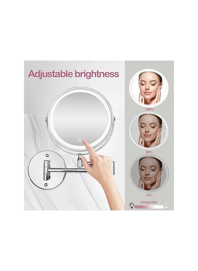 Wall Mounted Mirror with 1X/10X Magnification, LED Magnifying Mirror with 3 Colors Dimmable Lights, Touch Screen, Extension Foldable Arm, Shaving Mirror for Bathrooms and Hotels (Silver)