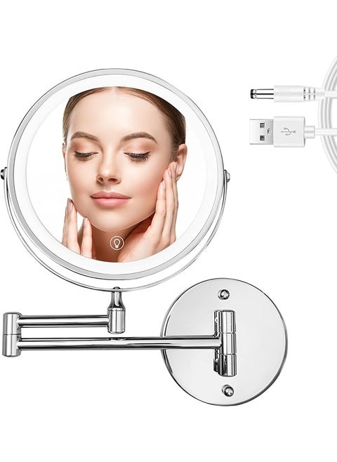 Wall Mounted Mirror with 1X/10X Magnification, LED Magnifying Mirror with 3 Colors Dimmable Lights, Touch Screen, Extension Foldable Arm, Shaving Mirror for Bathrooms and Hotels (Silver)