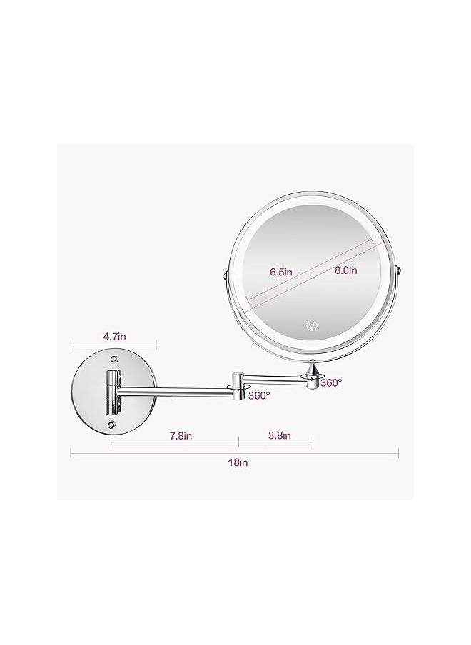 Wall Mounted Mirror with 1X/10X Magnification, LED Magnifying Mirror with 3 Colors Dimmable Lights, Touch Screen, Extension Foldable Arm, Shaving Mirror for Bathrooms and Hotels (Silver)