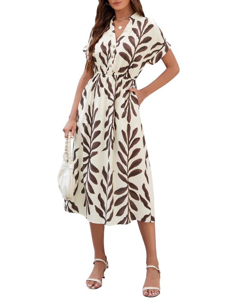 SEAFORM Women's Casual Long Dress V-Neck Retro Floral Print Dresses Elegant Long Fitted Dress for Women with Flowy Hemlines - Image 1