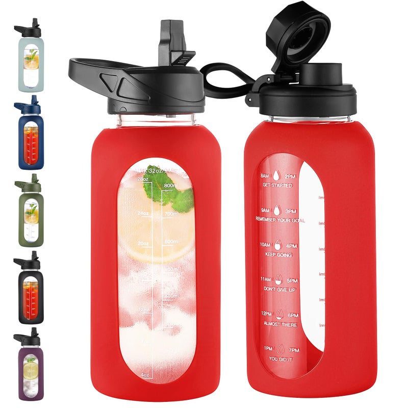 CIVAGO 32 oz Glass Water Bottle with Straw and Handle, Large Sports Motivational Water Bottle Flask with Time Marker and 2 Lids, Leakproof Water Jug Canteen with Silicone Sleeve for Gym,Red - Image 1
