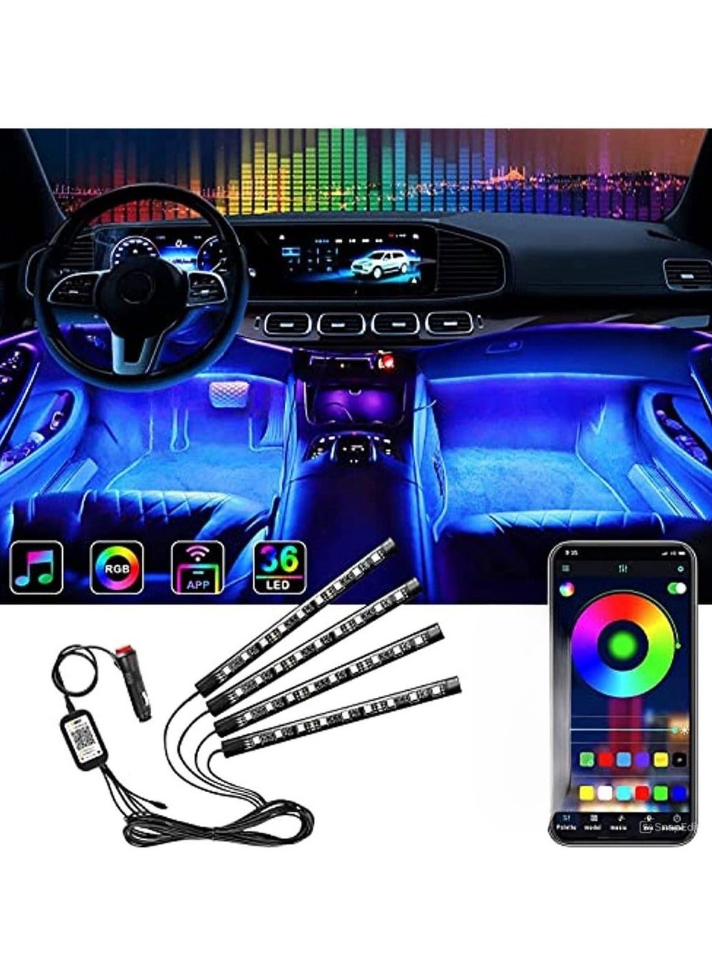 Car Interior LED Strip Lights Kit Auto Ambient RGB LED Strip Atmosphere Car Decorative Lamp With Bluetooth Music App Remote Control Waterproof Smart Car Accessories LED Light 12V