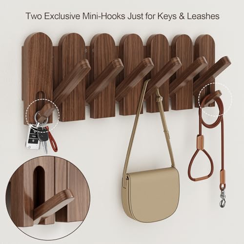 Sueuapp Walnut Wood Coat Rack Wall Mount,16.5" Wall Mounted Coat Rack with 8 Retractable Hangers,Heavy Duty Coat Hooks for Hanging Coats,Hats,Towels,Bags,Key Holder for Entryway - Image 4