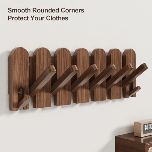 Sueuapp Walnut Wood Coat Rack Wall Mount,16.5" Wall Mounted Coat Rack with 8 Retractable Hangers,Heavy Duty Coat Hooks for Hanging Coats,Hats,Towels,Bags,Key Holder for Entryway - Image 5