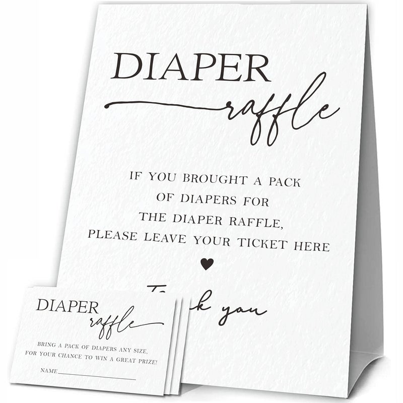 Baby Shower Games 1 Diaper Raffle Standing Sign with 50 Diaper Raffle Tickets Minimalist Hello Baby Modern Black and White Theme Gender Reveal Party Decorations and SuppliesLBLKA10