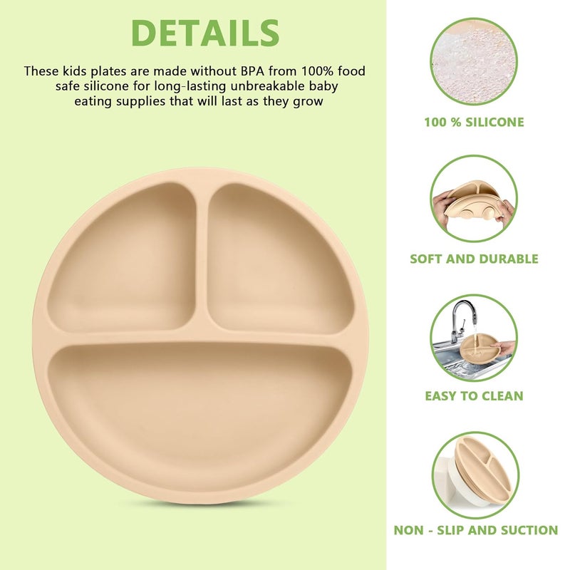 PEEPER Baby Suction Plates for Baby Feeding with 4 Strong Suction Cups, Silicone Toddler Plates with Deep Divided for Kids to Feed Themselves, Dish Washer & Micro-Wave Oven Safe (Cream) - Image 2