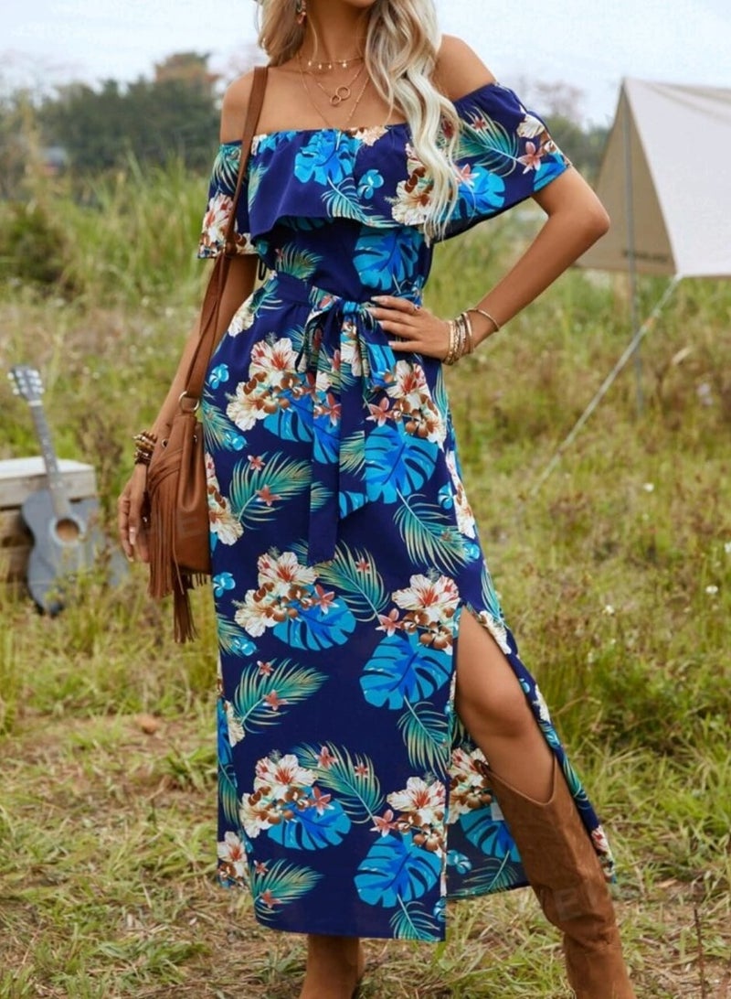 Shein SHEINTropical Print Off Shoulder Ruffle Trim Split Thigh Belted Dress . - Image 1
