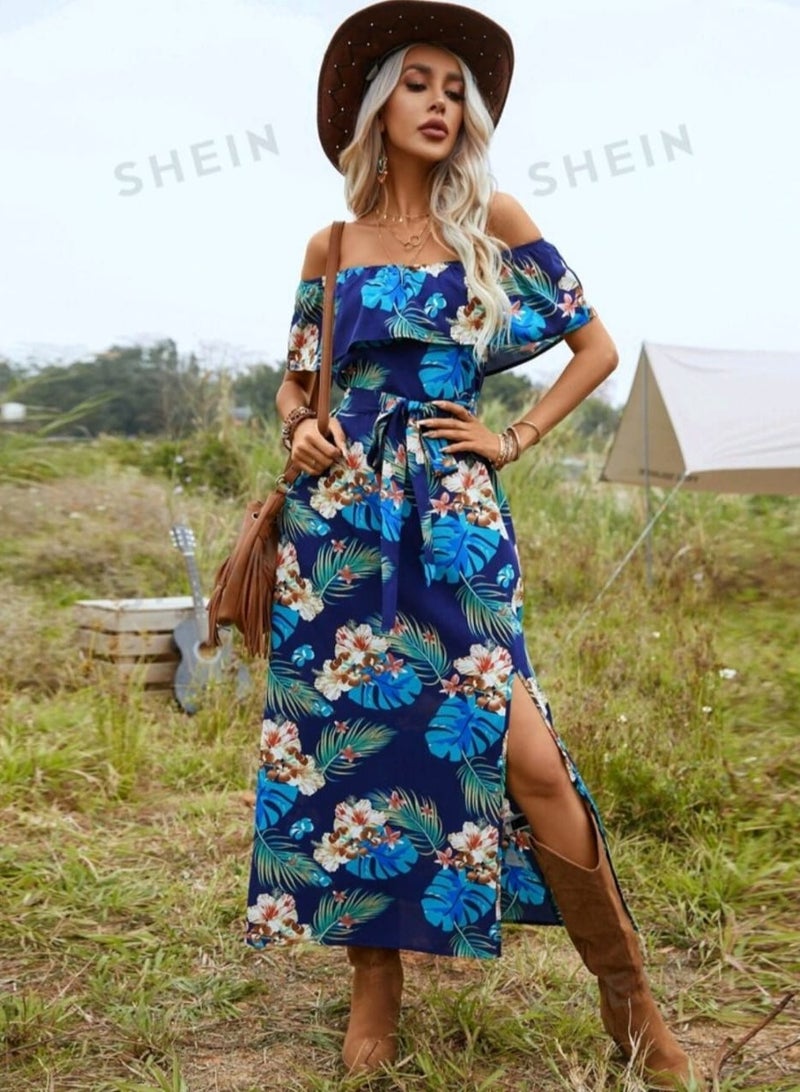 Shein SHEINTropical Print Off Shoulder Ruffle Trim Split Thigh Belted Dress . - Image 2