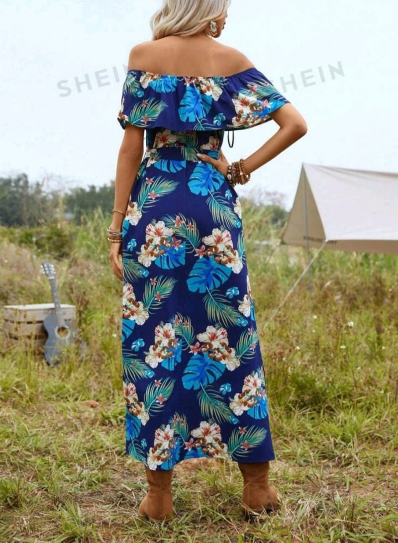 Shein SHEINTropical Print Off Shoulder Ruffle Trim Split Thigh Belted Dress . - Image 4