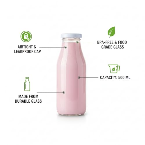 MACHAK Glass Water Bottle For Milk |Juice| Shakes With Rust Proof Airtight White Metal Cap (500 Ml Set Of 2) - Image 3