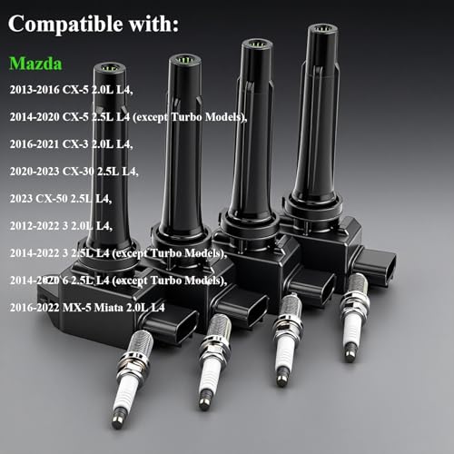 TTpartmoto 4Pcs Ignition Coil Pack & Spark Plugs Fit for Mazda 13-20 CX-5, 16-21 CX-3, 20-23 CX-30, 23 CX-50 2.5L L4, 16-22 MX-5 Miata Replace# UF656 PE0118100 PE0118100A PE2018100 PE2018100A UF805 93501 - Image 2