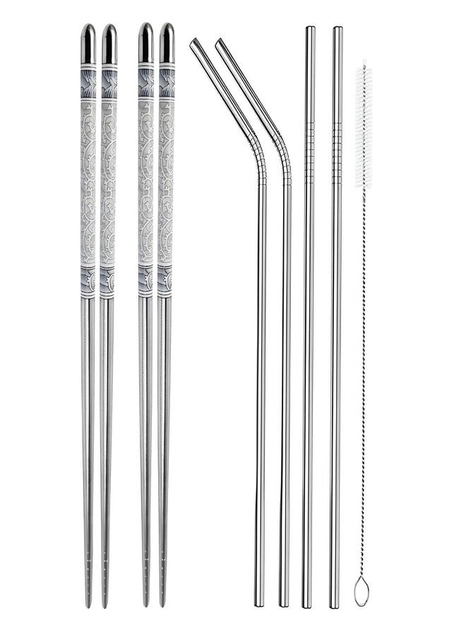 Fashramp Reusable Stainless Steel 2 Pair Chopsticks and Straws Set with Cleaning Brush – Eco-Friendly Dining and Drinking Kit for Indian Homes, Travel, and Gifting - Image 1