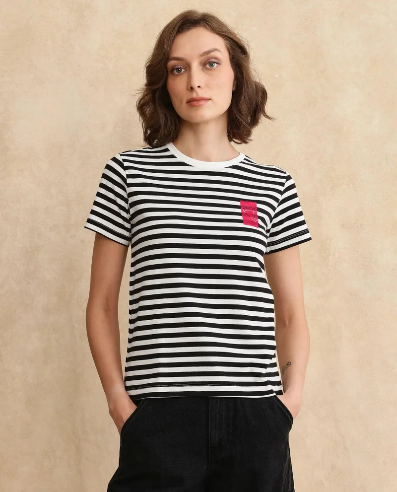 Rareism Women's Yarn Dyed Printed T Shirt