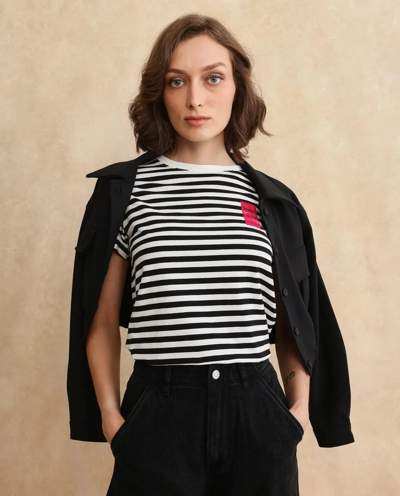 Rareism Women's Yarn Dyed Printed T Shirt