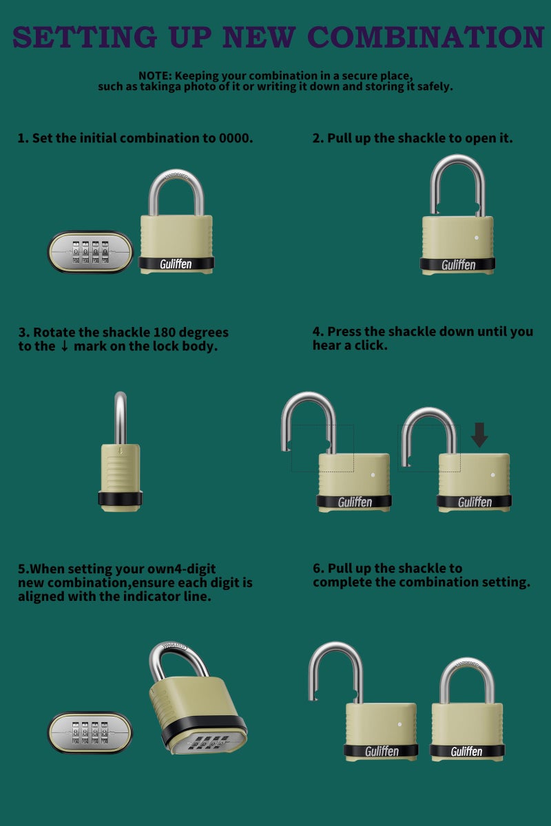 Guliffen Outdoor Combination Lock, Heavy Duty Weatherproof Combination Padlock, 4 Pack Resettable Combination Lock for Locker, Shed, Garage, Gate, Fence - Image 5