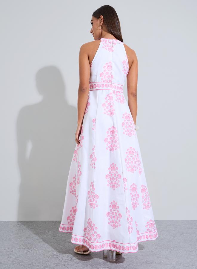 Styli Pink All Over print Halter Neck A-Line Maxi Dress - Image 3