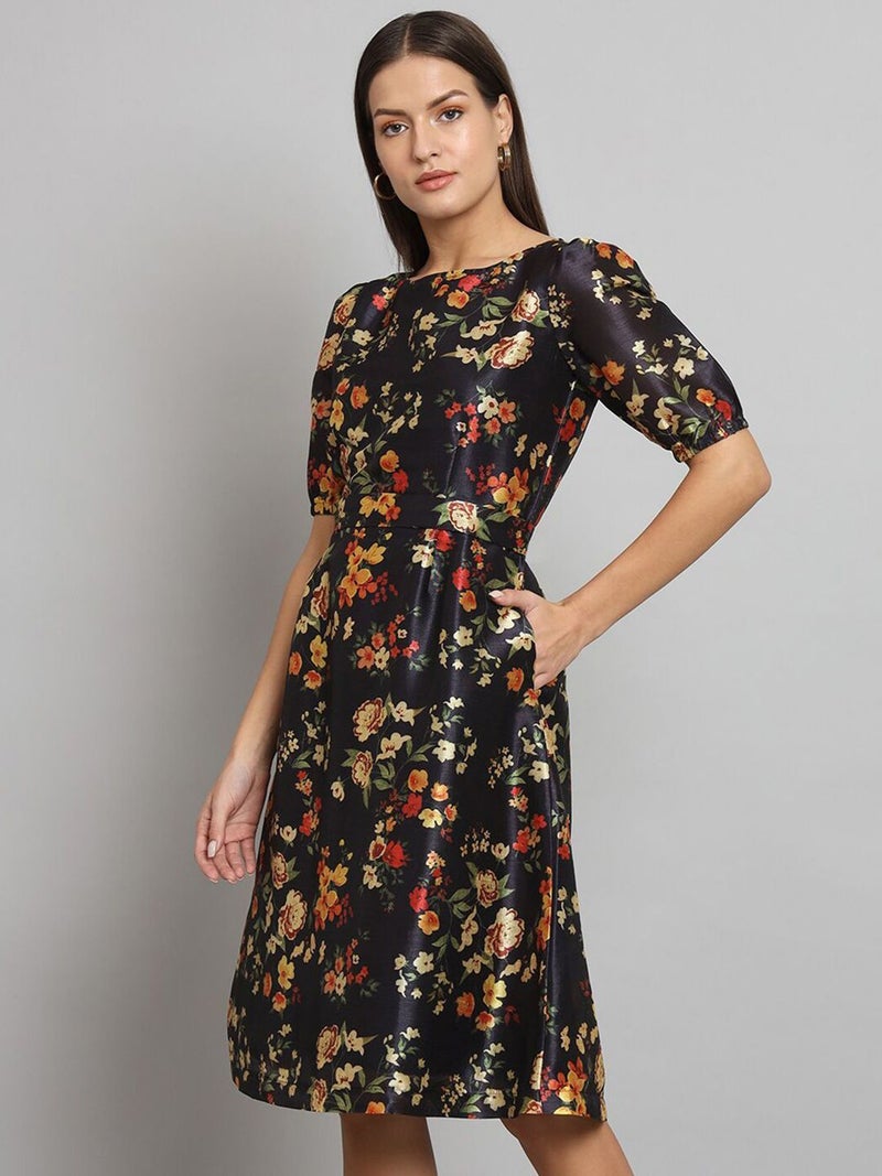 Powersutra Floral Print Silk A-Line Dress for Women - Image 5