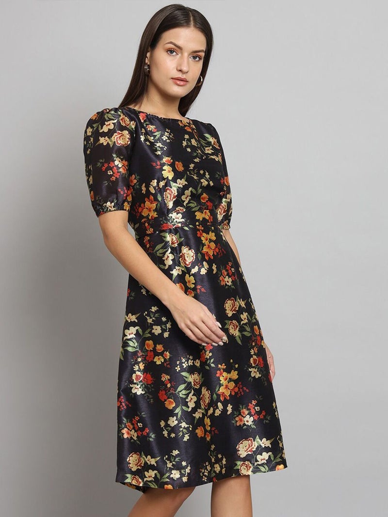 Powersutra Floral Print Silk A-Line Dress for Women - Image 3