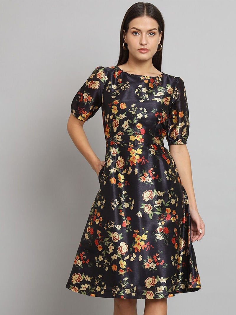 Powersutra Floral Print Silk A-Line Dress for Women - Image 1