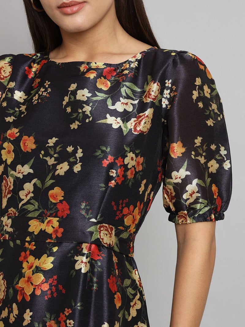 Powersutra Floral Print Silk A-Line Dress for Women - Image 2