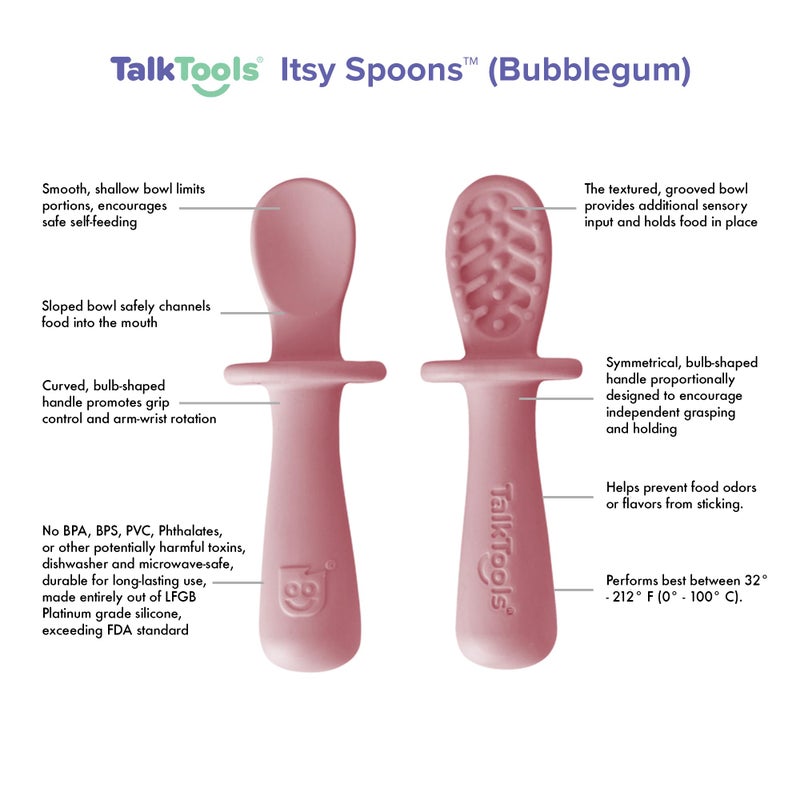 TalkTools ITSY Tiny Silicone Spoons - Twin Pack Soft Silicone Self-Feeding Training Spoons for Kids & Toddlers, Anti-Choking Flange Guard and Non-Slip Handle (Bubblegum) - Image 2